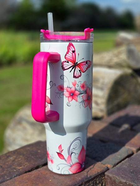 Pink butterfly with pink flowers