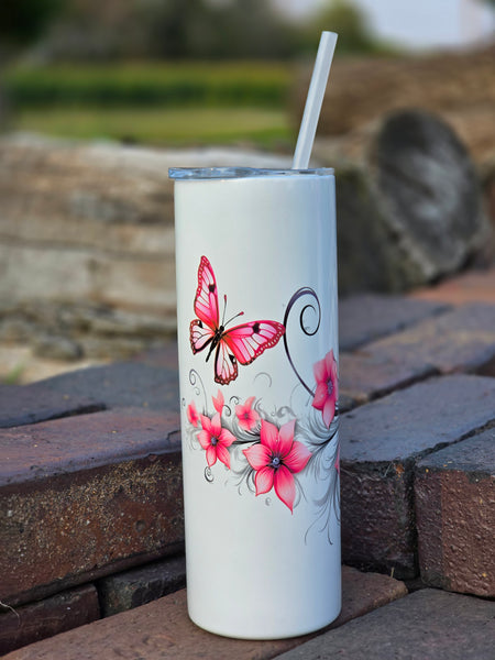 Pink butterfly and pink flower tumbler